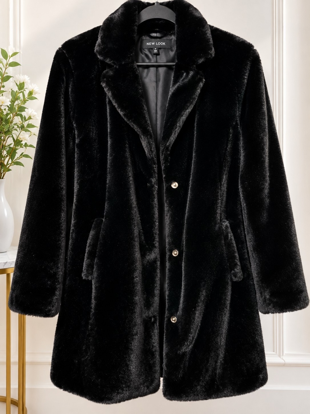 New Look Black Faux Fur Plush Coat with Notch Collar